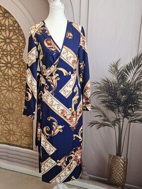 SHEIN Navy Baroque Print Wrap Dress
